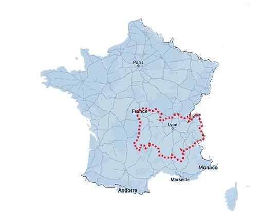 Zone d'intervention PrestaGaz autour de Lyon